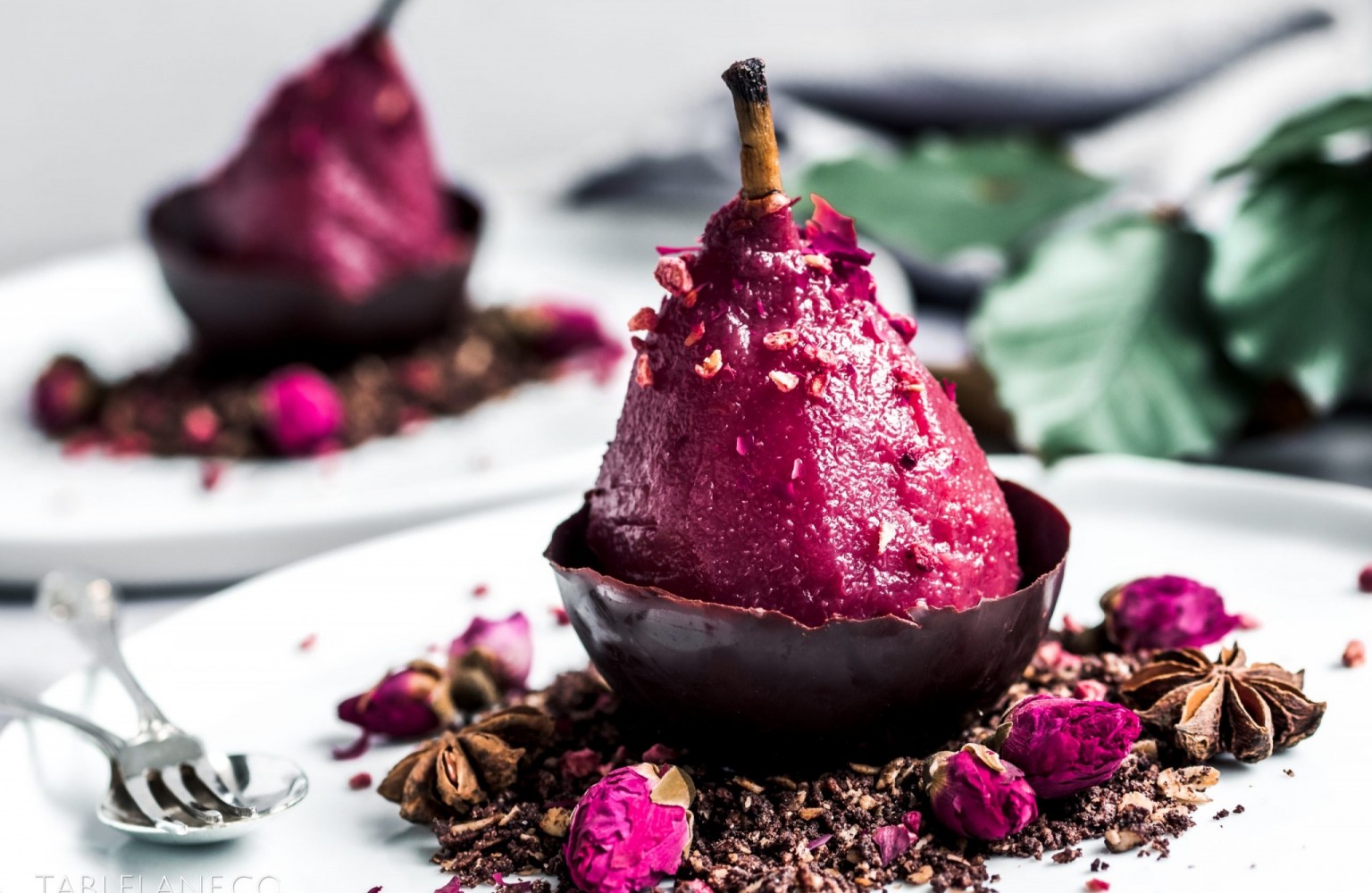 Rose and Red Fruit Poached Pears with Chocolate Cups and Soil